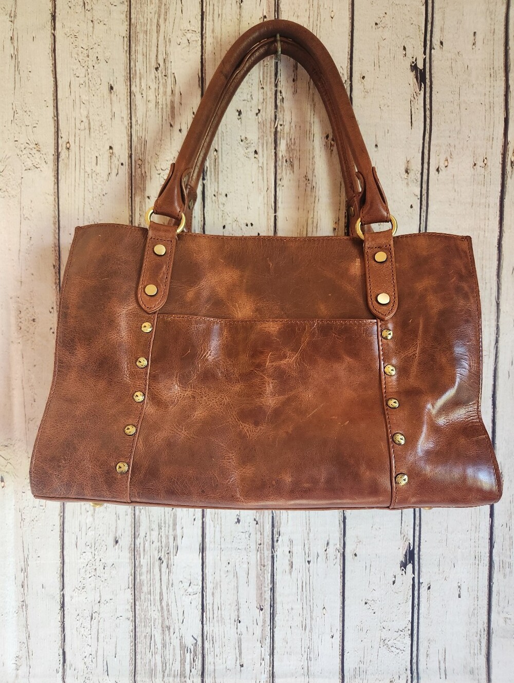 G.H. Bass Brown Leather Studded Tote Satchel Bag Distressed Rugged Boho